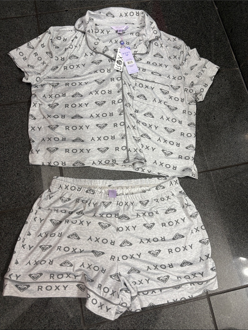 Roxy Women’s' Gray Logo Short Pajama Set with Button-Front Top